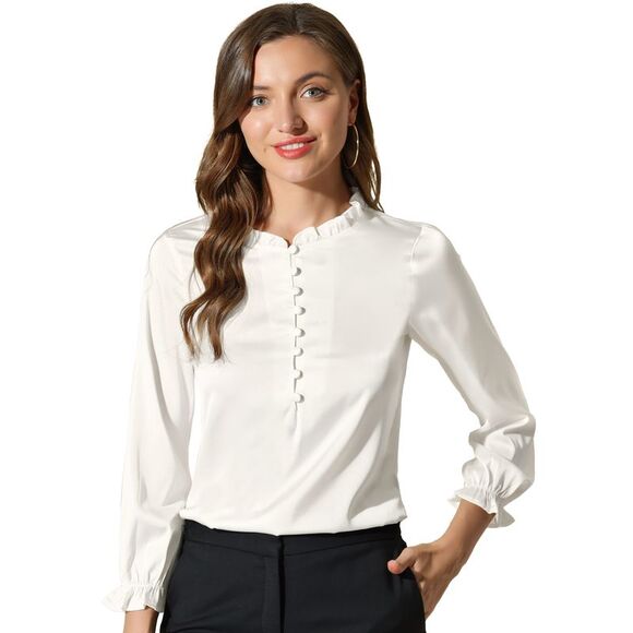 Ruffle Neck Bubble Sleeve Elastic Cuff Button Workwear Blouse White - Picture 1 of 6